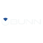 BUNN logo: white wordmark beside a white circle with a blue chevron symbol